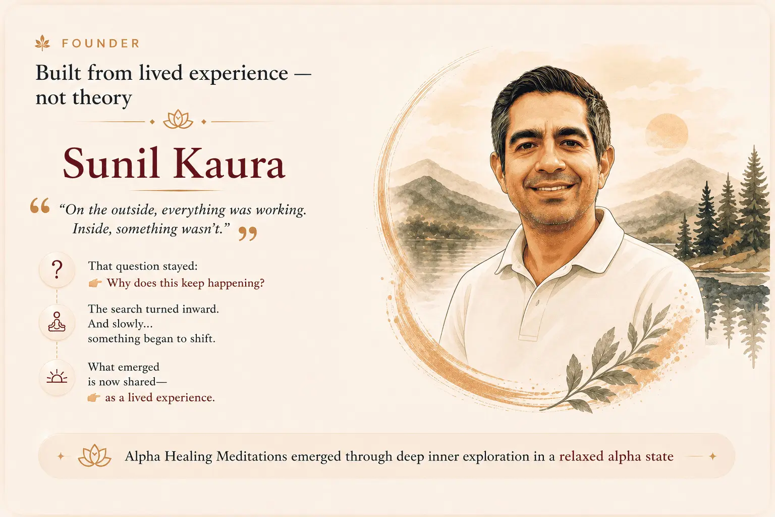 Founder Sunil Kaura sharing the personal journey that led to the development of Alpha Healing Meditations through years of inner exploration and lived experience.
